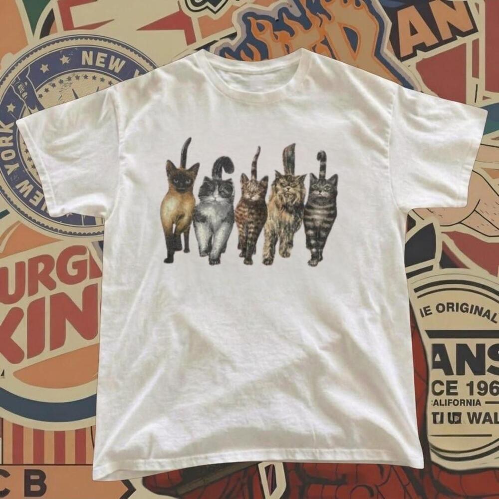 White Cat T Shirt With Graphic Of Five Cats Standing In A Row